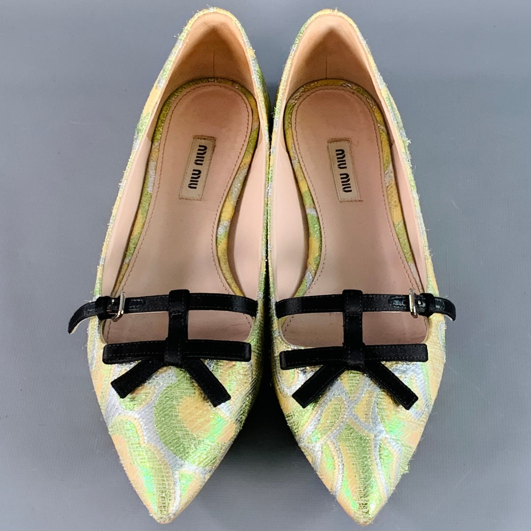 MIU MIU Size 8.5 Green Silver Paisley Textured Pointed Toe Bow Flats