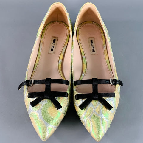 MIU MIU Size 8.5 Green Silver Paisley Textured Pointed Toe Bow Flats