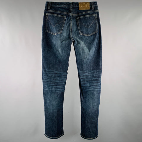 JOHN VARVATOS Size 32 Blue Distressed Cotton Blend Straight Jeans
