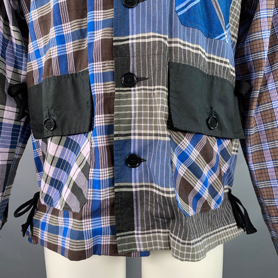NICHOLAS DALEY Size M Blue Brown Plaid Cotton Side Ties Shirt Jacket