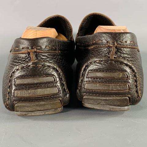 FENDI Size 8.5 Brown Pebble Grain Leather Drivers Loafers