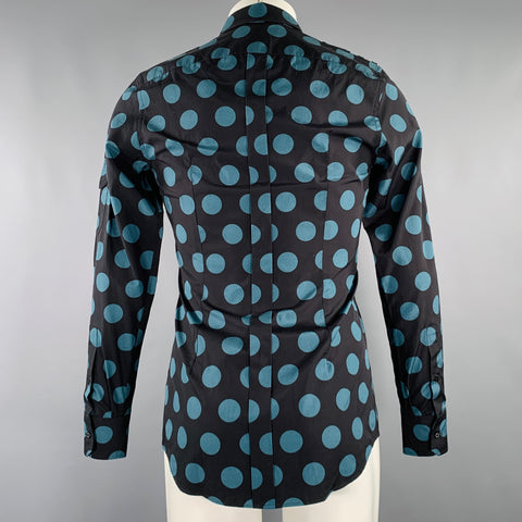DOLCE & GABBANA Size 38 Black Blue Dots Cotton Epaulettes Long Sleeve Shirt