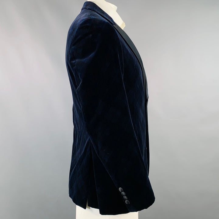 ARMANI COLLEZIONI Size 42 Navy Black Plaid Cotton Velvet Peak Lapel Sport Coat