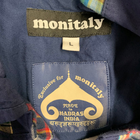 MONITALY Size L Navy Multi Color Madras Cotton Two Pockets Short Sleeve Shirt