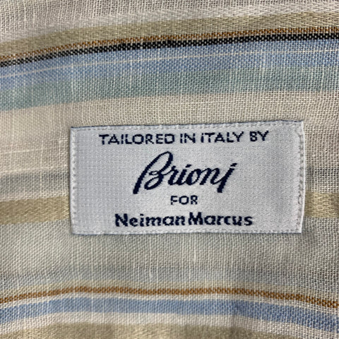BRIONI Size L Beige Multi Color Stripe Linen Button Up Long Sleeve Shirt