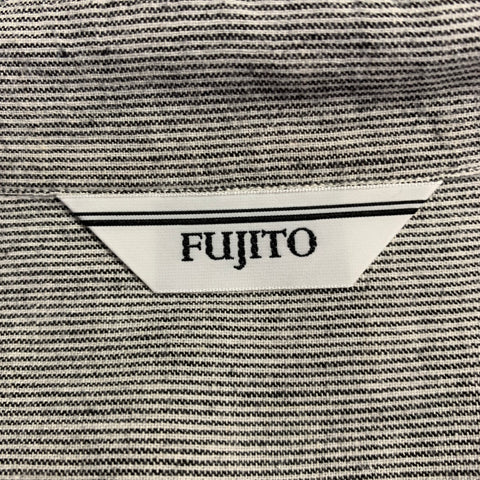 FUJITO Size M Grey White Stripe Cotton Linen One Pocket Long Sleeve Shirt