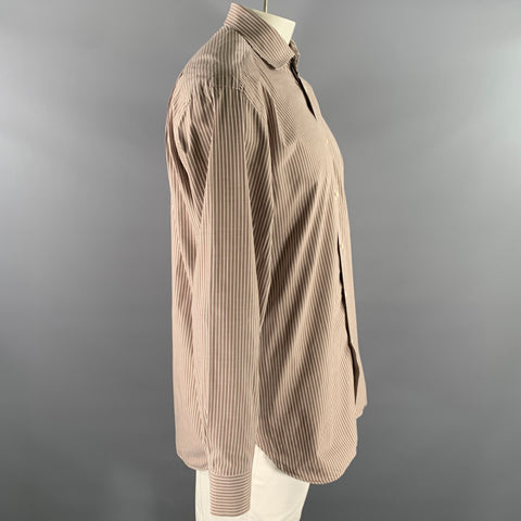 BORRELLI Size L Brown White Stripe Cotton Long Sleeve Shirt