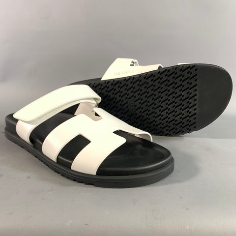 HERMES Size 9 White Black Leather Sandals