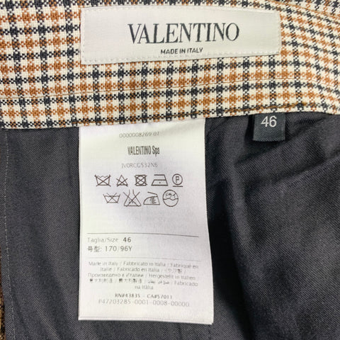 VALENTINO Taille 38 Costume en Laine à Carreaux Noirs, Blancs et Fauves avec Revers Cranté