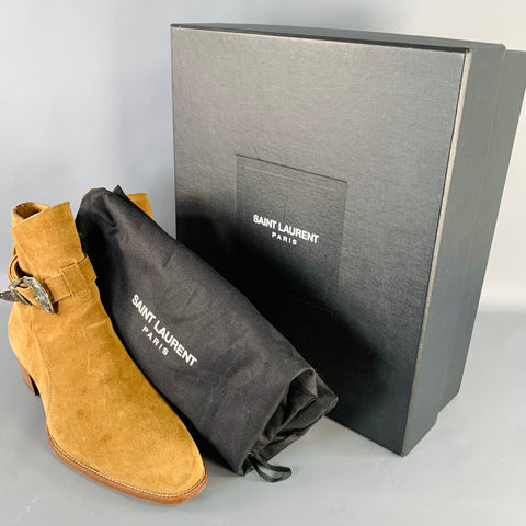 SAINT LAURENT Size 8 Hedi Strap Tan Silver Suede Western Buckle Boots