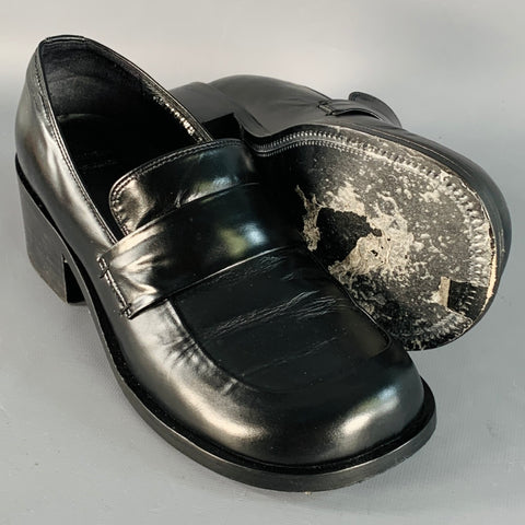 AMOMENTO Size 6 Black Leather Stacked Heel Penny Loafers