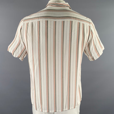 PORTUGUESE FLANNEL Size L Cream Olive Pink Stripe Viscose Short Sleeve Shirt