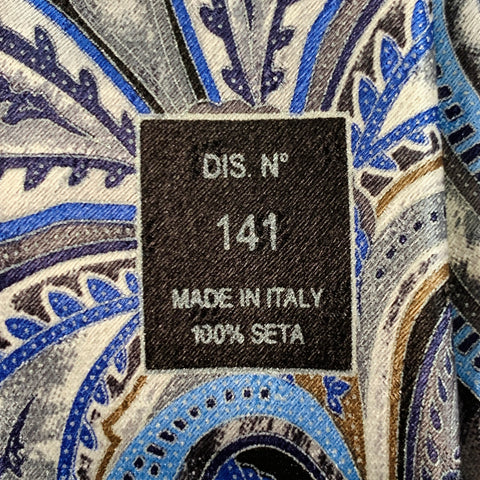 ERMENEGILDO ZEGNA Blue Silver Black Abstract Floral Silk Satin Tie