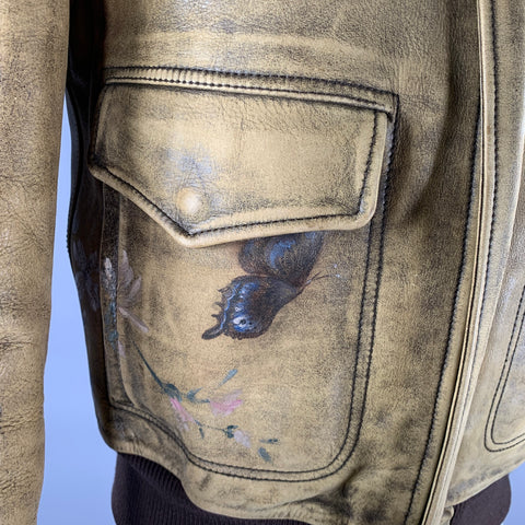 GUCCI par Tom Ford 2003  Taille 36 Beige Olive  Veste en cuir zipée peinte à la main multicolore