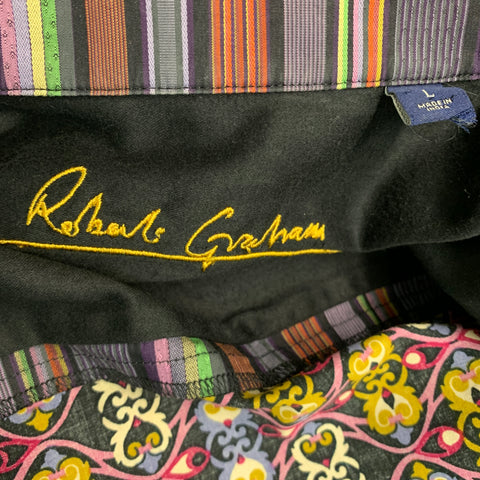 ROBERT GRAHAM Size L Purple Multi-Color Print Ruffled Cotton Button Up Long Sleeve Shirt