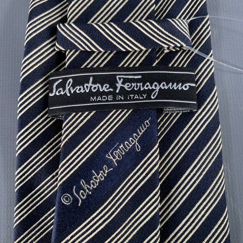 SALVATORE FERRAGAMO Navy White Diagonal Stripe Silk Tie
