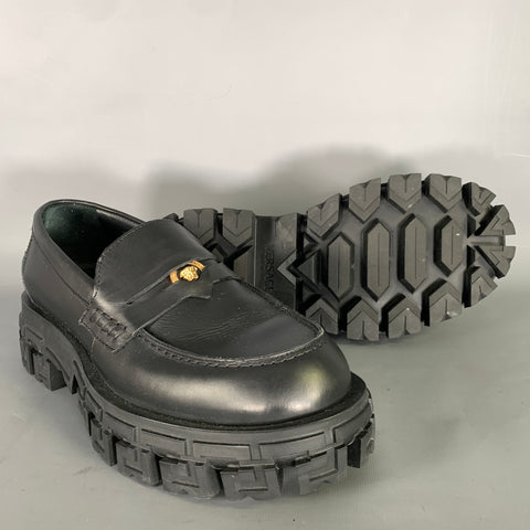 VERSACE Size 9 Black Gold Textured Leather Platform Loafers