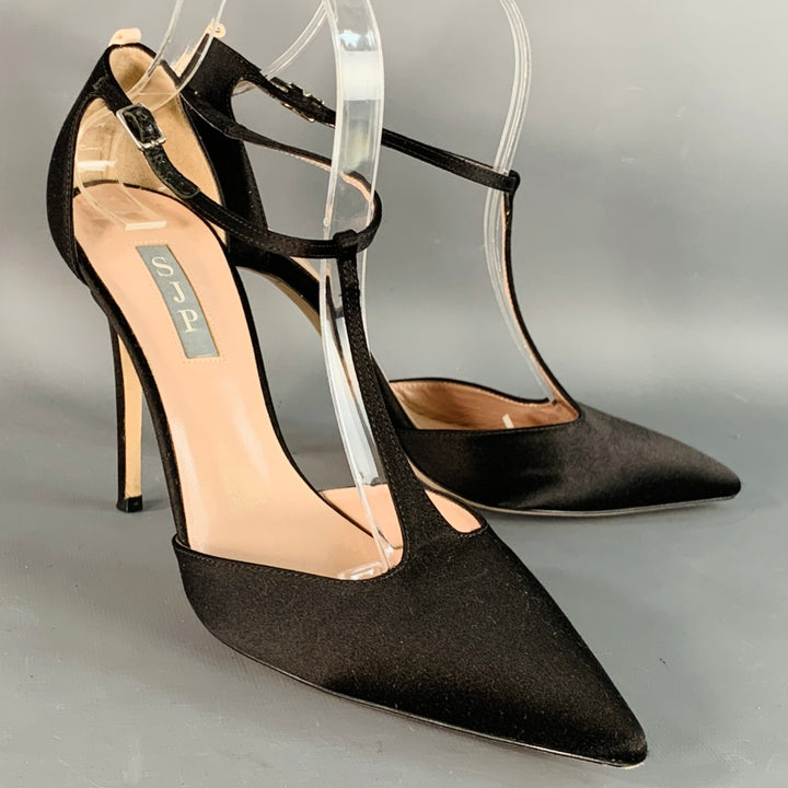SJP Size 9 Black Silk Stiletto T-Strap Heels Sandals