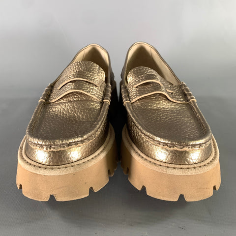 PEDRO GARCIA Size 8 Gold Tan Metallic Pebble Grain Loafer Flats