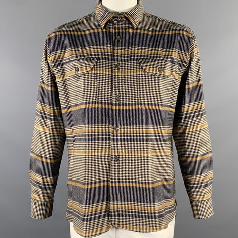 PENDLETON Size L Navy Tan Houndstooth Stripe Wool Long Sleeve Shirt