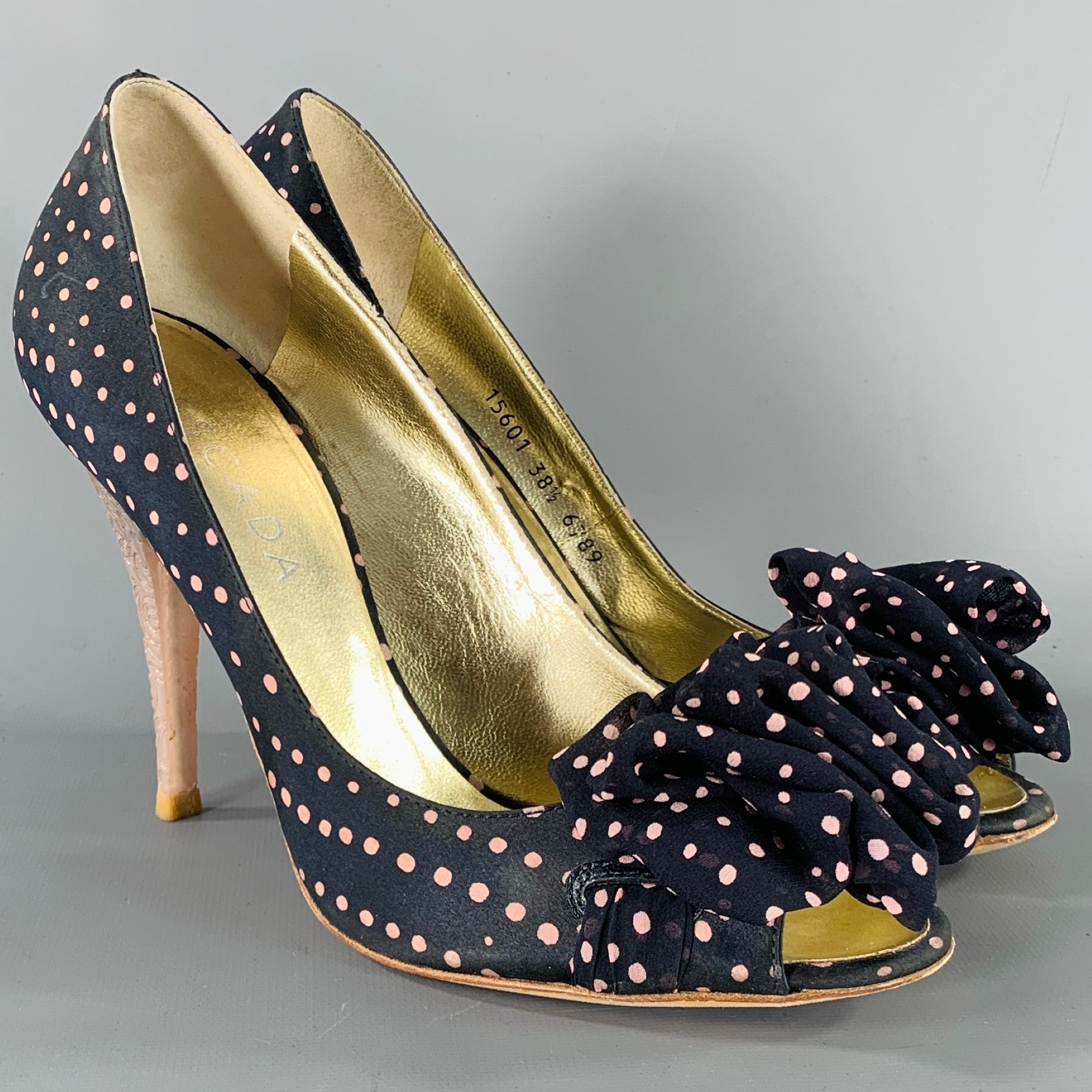 Escada Size 8.5 Navy Pink Silk Polka Dot Leather Trim Open Toe Pumps