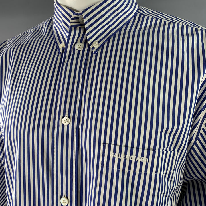 BALENCIAGA Size XXS Blue White Stripe Cotton Button Down Asymmetrical  Sleeve Shirt