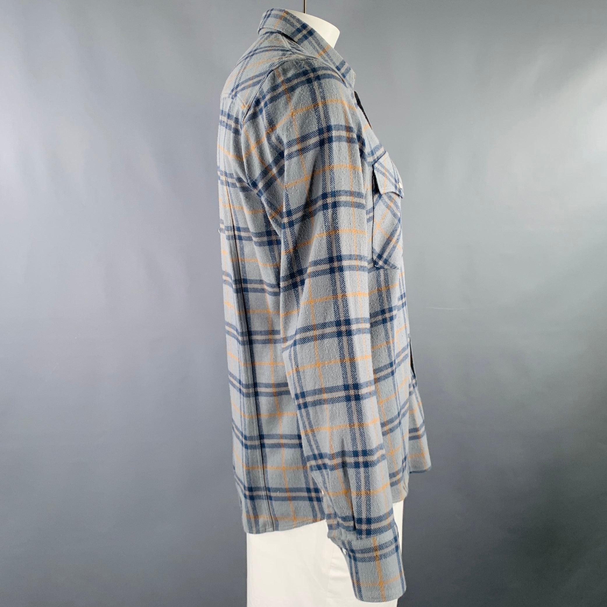 DRIES VAN NOTEN Size L Blue Yellow Plaid Cotton Western Long DRIES VAN NOTEN Size L Blue Yellow Plaid Cotton Western Long