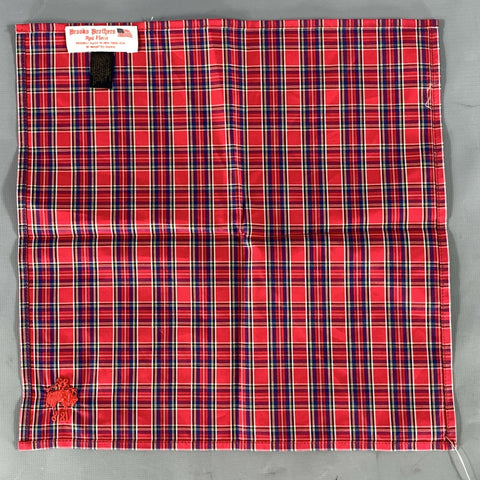 BROOKS BROTHERS Red Blue & White Plaid Cotton Pocket Square