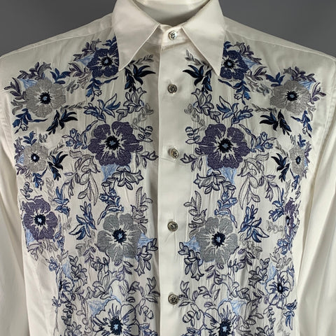 ROBERT GRAHAM Size L White Blue Floral Cotton Button Up Long Sleeve Shirt