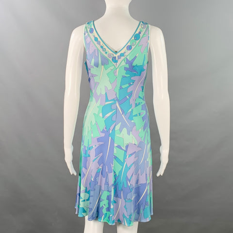 EMILIO PUCCI Size 8 Blue Green Silk Leaves V-Neck Midi Dress