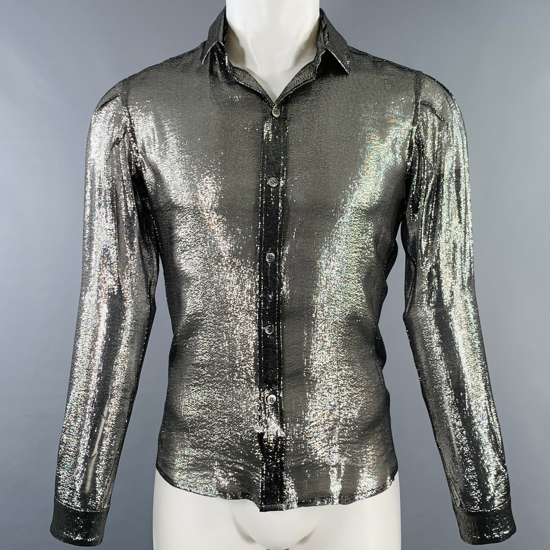 JULIEN DAVID Size M Silver Metallic Silk Blend Button Up Long Sleeve Shirt