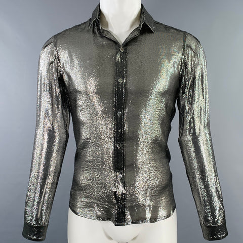 JULIEN DAVID Size M Silver Metallic Silk Blend Button Up Long Sleeve Shirt
