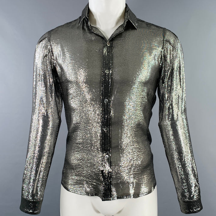 JULIEN DAVID Size M Silver Metallic Silk Blend Button Up Long Sleeve Shirt