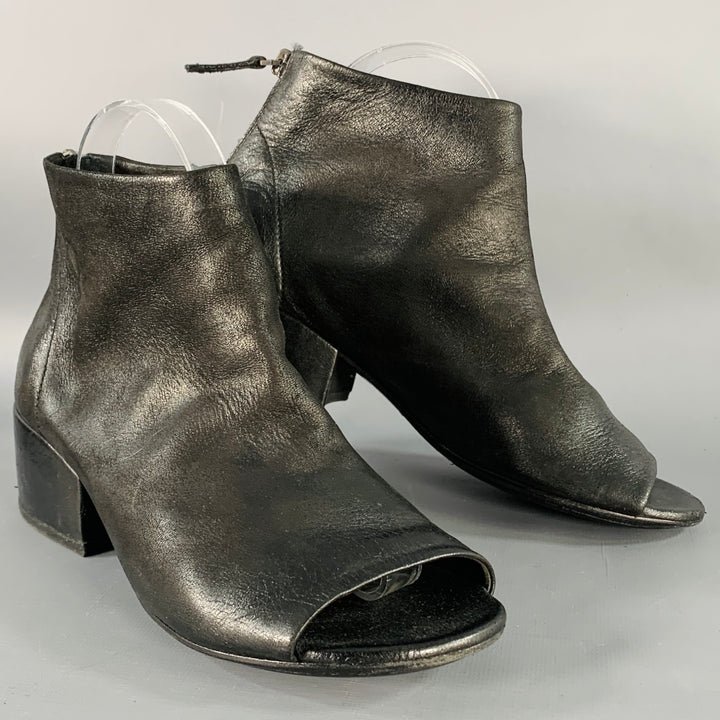MARSELL Size 7.5 Black Leather Peep Toe Stacked Heel Ankle Boots
