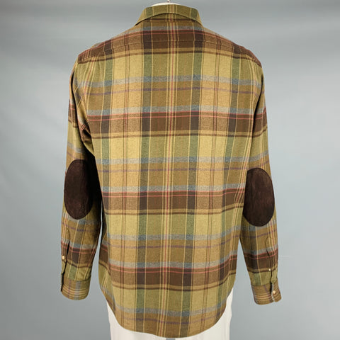 RALPH LAUREN Size XL Brown Green Plaid Cotton Elbow Patches Long Sleeve Shirt