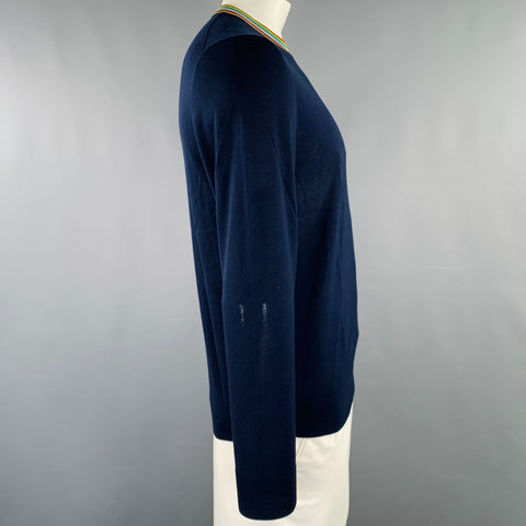 PAUL SMITH Size L Navy Multi Color Merino Wool Contrast Trim Pullover