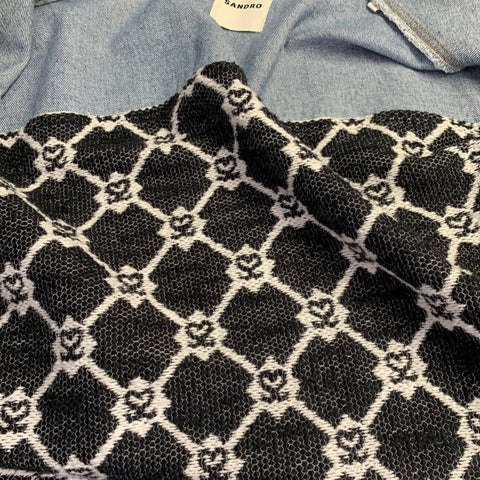 SANDRO Size L Blue Black White Hearts Cotton Blend Denim Jacket