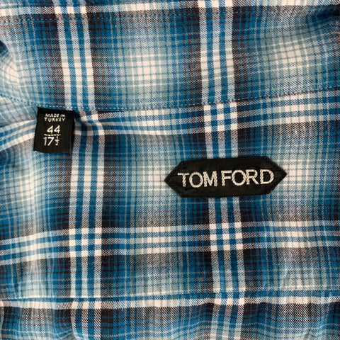 TOM FORD Size XL Blue White Plaid Cotton Flanel Long Sleeve Shirt