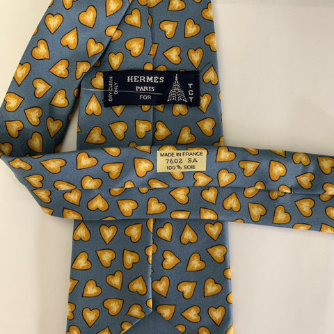 HERMES Blue Yellow Heart Silk Tie