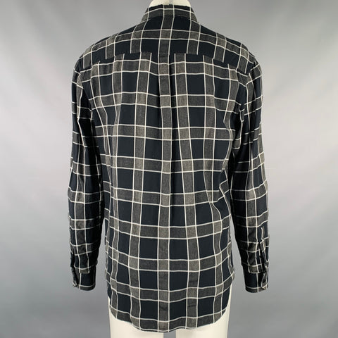 SAINT LAURENT Size M Grey Black White Plaid Tencel Viscose Long Sleeve Shirt