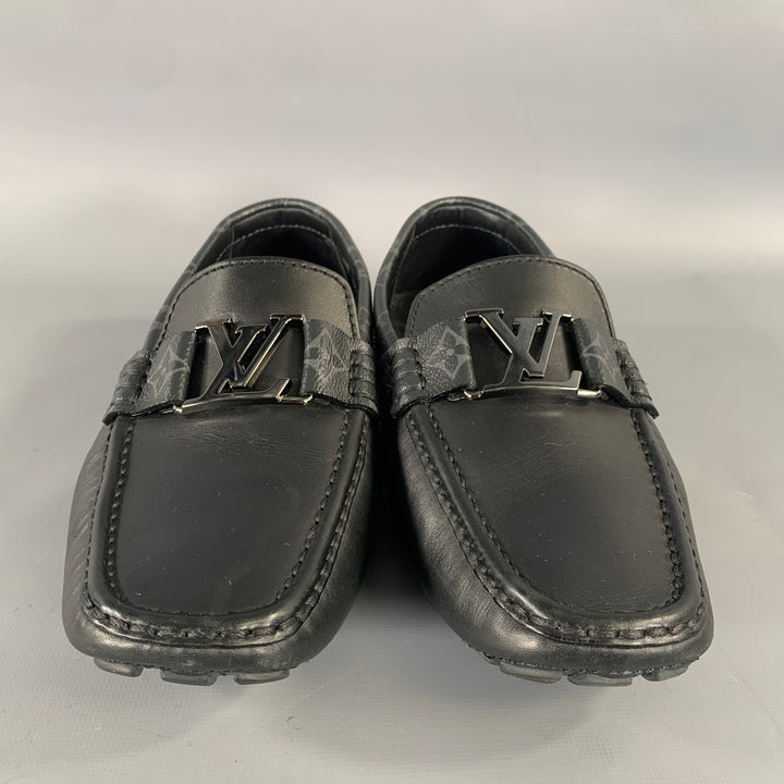 LOUIS VUITTON Size 7.5 Black Grey Logo Leather Loafers