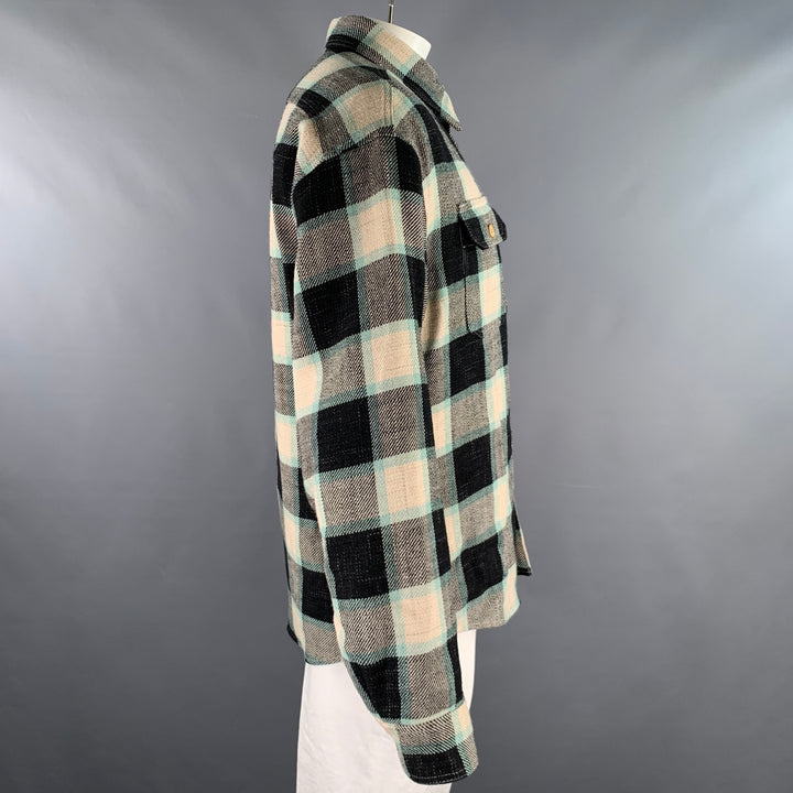 VISVIM Size L Black Green Beige Plaid Wool Linen Down Filled Jacket