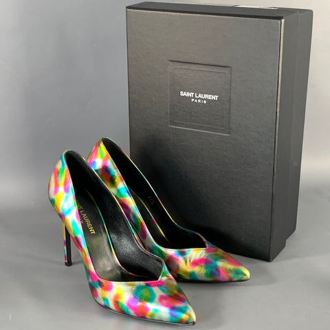 SAINT LAURENT Size 7.5 Metallic Silver Multi Color Leather Stiletto Pumps