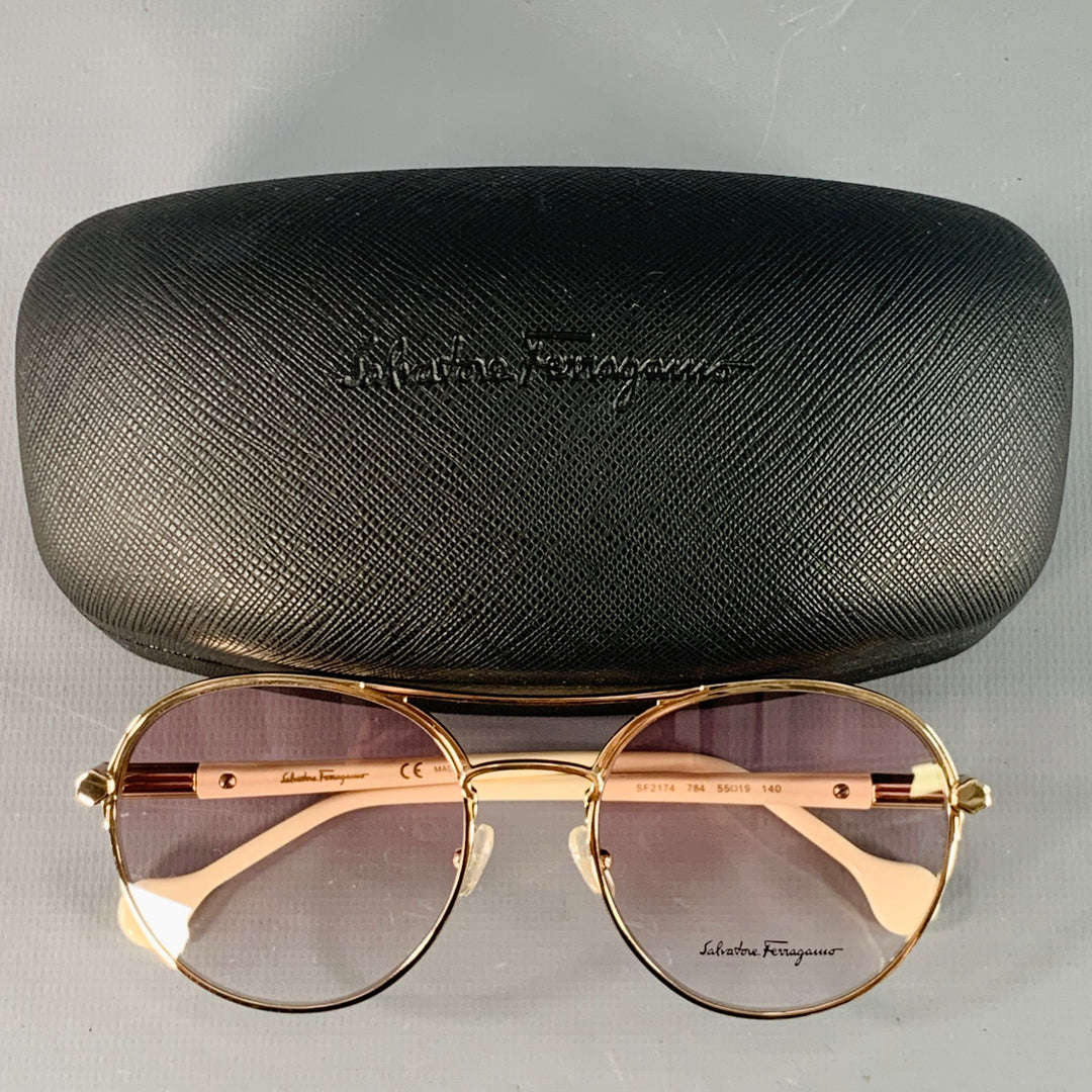 SALVATORE FERRAGAMO Rose Gold Acetate Metal Aviator Sunglasses