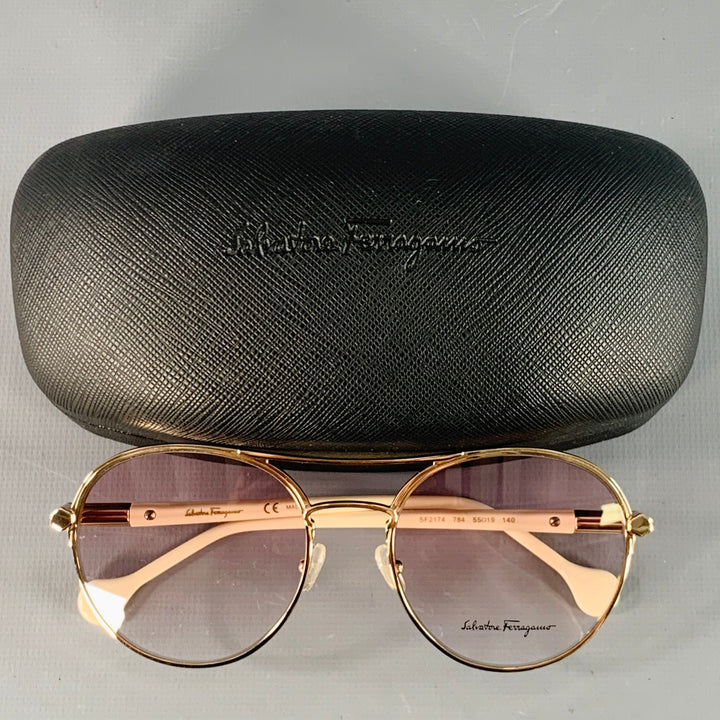 SALVATORE FERRAGAMO Rose Gold Acetate Metal Aviator Sunglasses