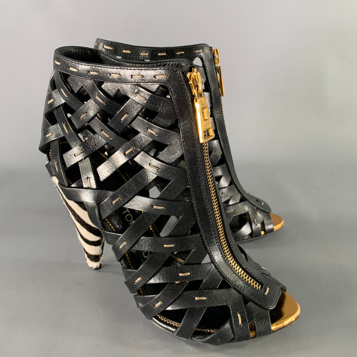 TOM FORD Size 7.5 Black Gold Leather Mixed Patterns Zip Up Boots
