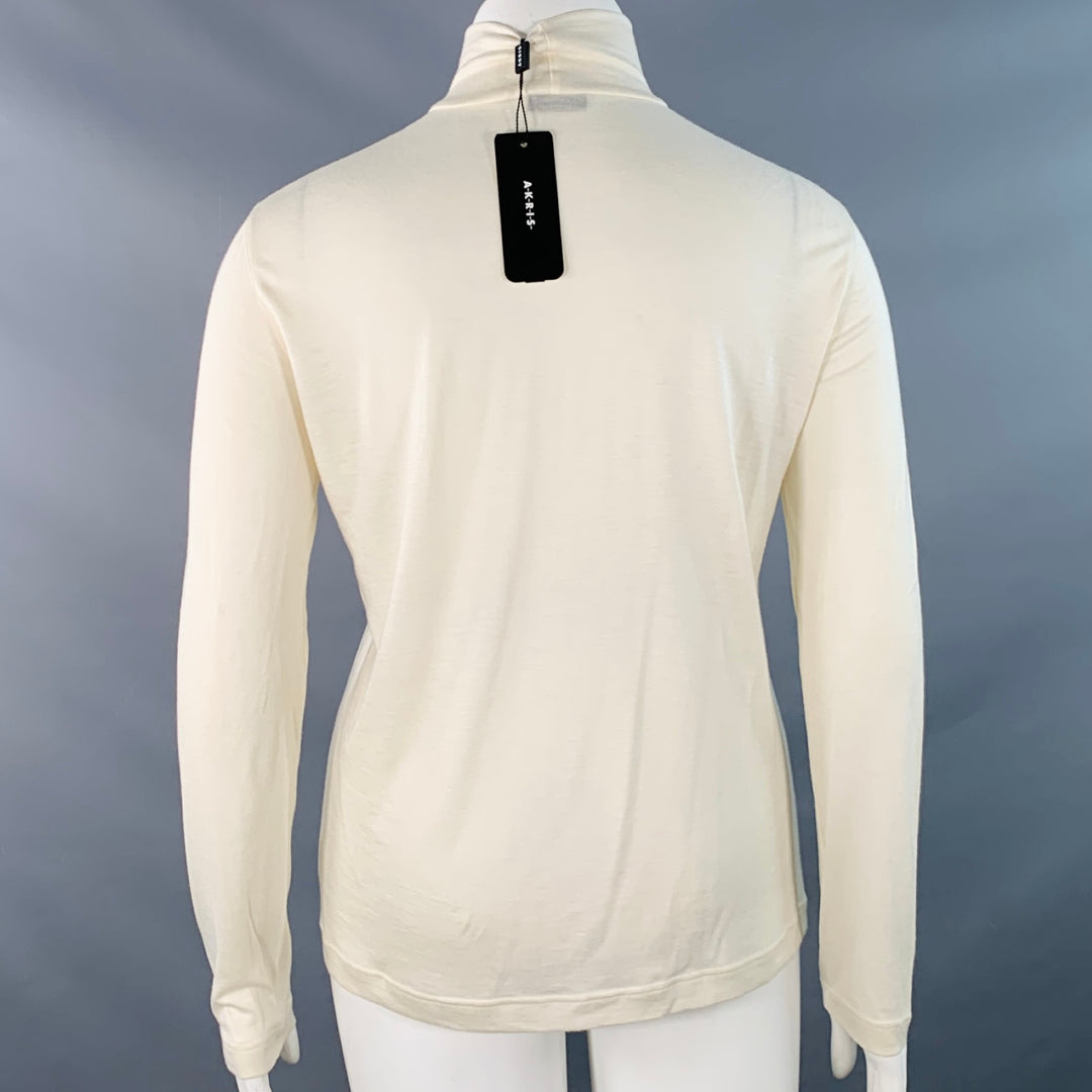 AKRIS Size 14 Off White Cashmere Silk Mock Neck Pullover