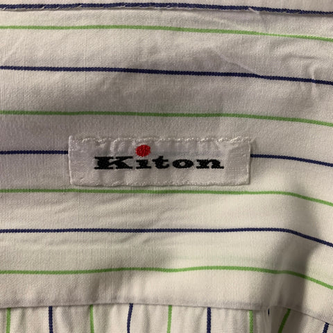KITON Size L White Green Navy Pinstripe Cotton Long Sleeve Shirt