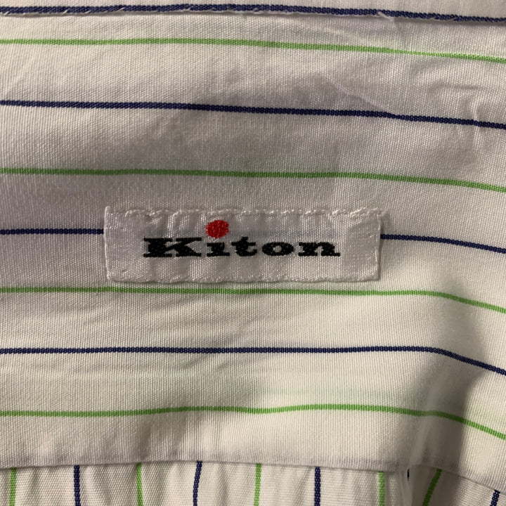 KITON Size L White Green Navy Pinstripe Cotton Long Sleeve Shirt