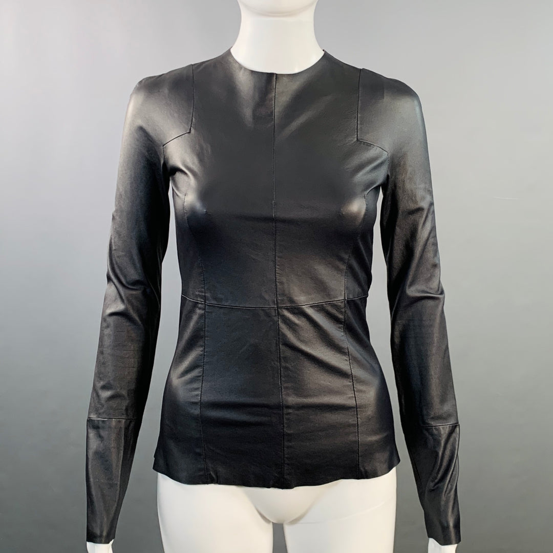 CELINE Size 2 Black Lambskin Leather Long Sleeve Back Zipper Dress Top